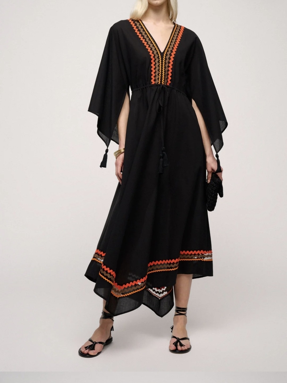 Luisa Spagnoli "Pinolo" Kaftan Dress Butterfly Sleeves Handkerchief Hem - Size S